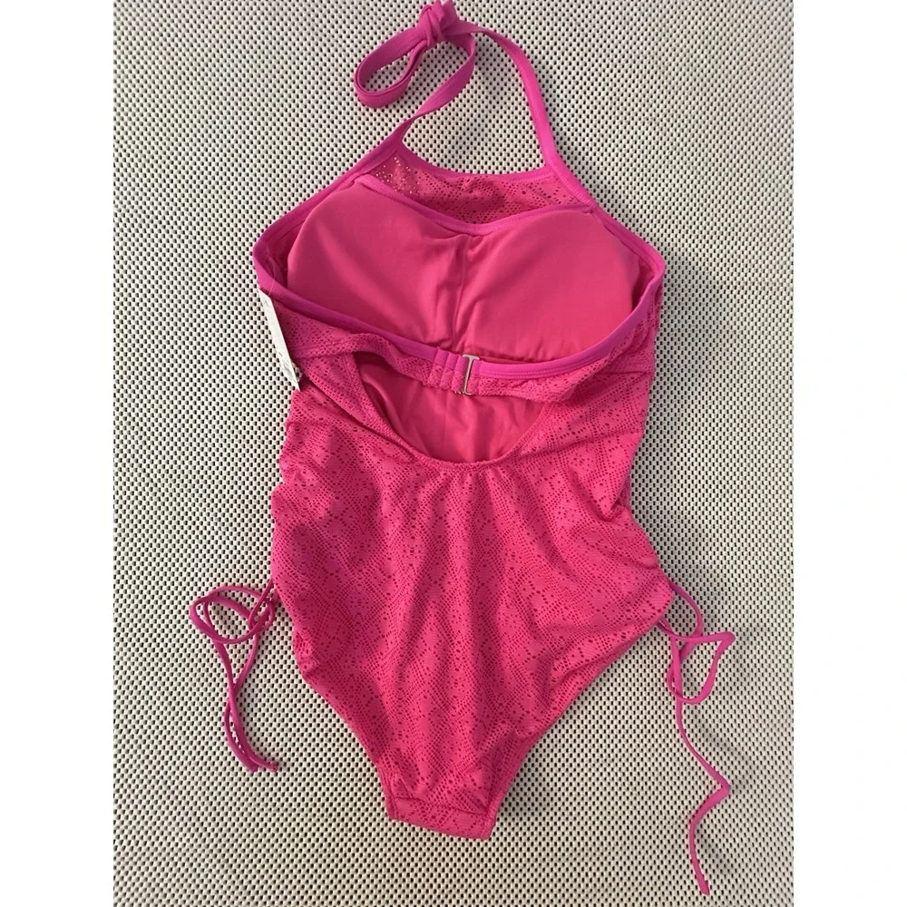 Kohls SO Swimsuit Halter One piece 0X XL 12/14 Bathing Suit‎ Eyelet Crochet Pink